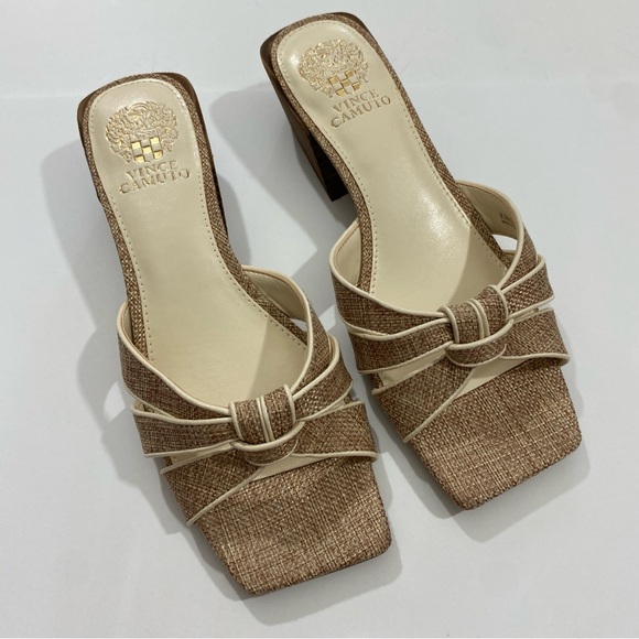 Vince Camuto NEW 8.5 Selarin Raffia Fiber Low Block Heels Mules Slip On Beige - Picture 3 of 13